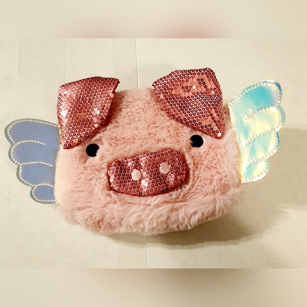 Pink fuzzy piggy with iridescent wings clutch purse